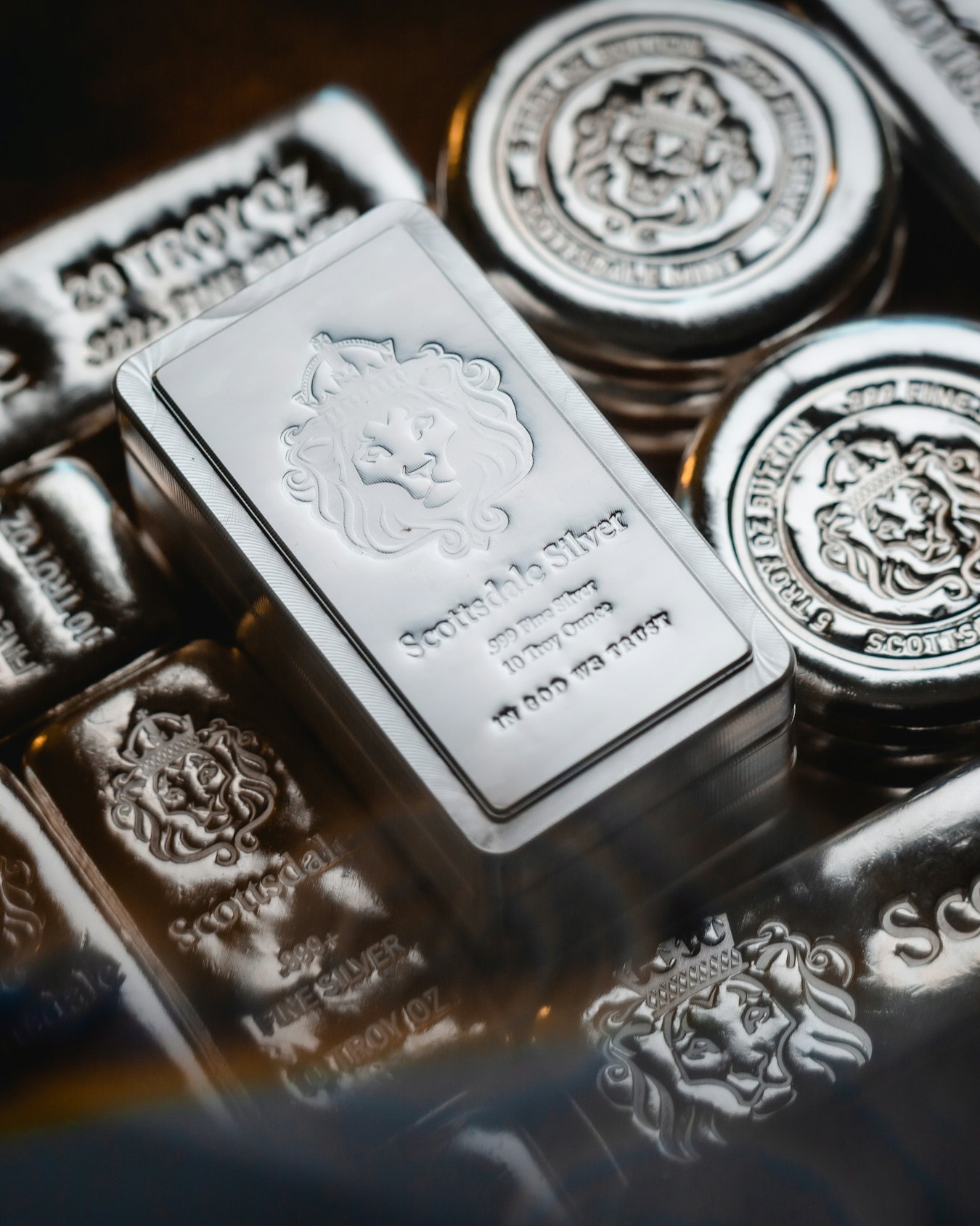 Close-up detail of silver bullion pieces